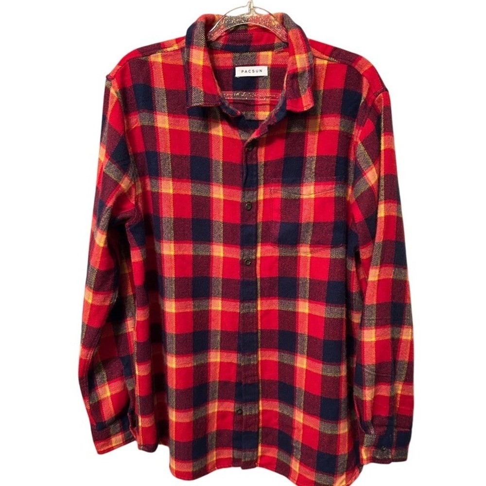 PAC SUN Mens Red Yellow Navy Plaid‎ Flannel Long Sleeve Button Up Shirt XL